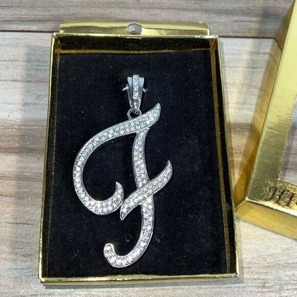 Letter F Paved Hip Hop Ice Pendant Flooded Out Silver Tone Iced Simulated Script - Picture 1 of 6